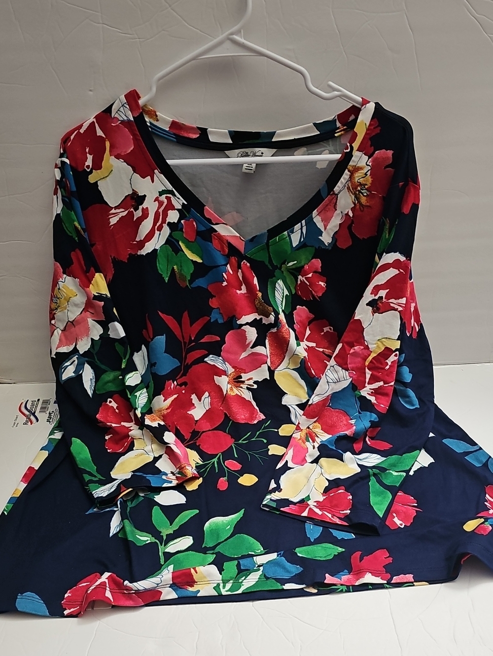 The Pioneer Woman Black Floral V-Neck Blouse with Red & Green Blooms